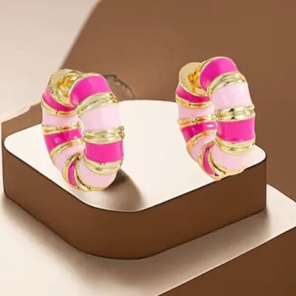 Pink Enamel Huggie Earrnings Medium Hoop #1344 - Picture 3 of 6